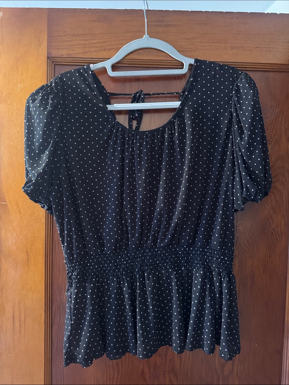 Women’s Black Polka Dot Smocked-Waist Peplum Blouse